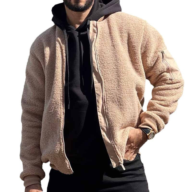 Herren Teddy-Fleece Bomberjacke mit Reißverschluss und Ärmeltasche Drune