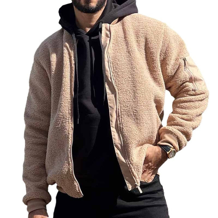 Herren Teddy-Fleece Bomberjacke mit Reißverschluss und Ärmeltasche Drune