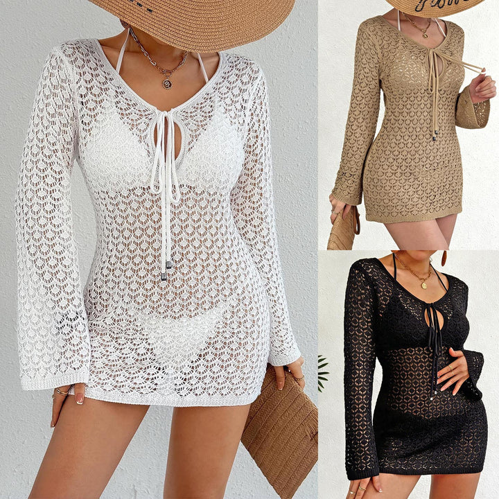 Damen Häkel-Strandkleid mit tiefem V-Ausschnitt und breiten Ärmeln Drune