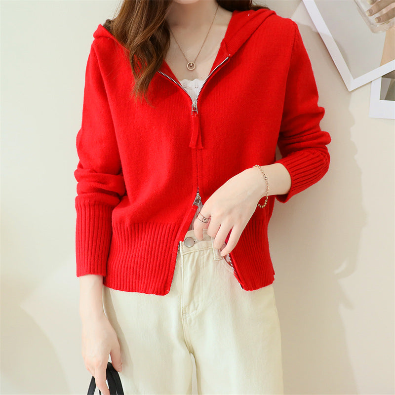 Damen modische Strickjacke mit Kapuze und Reißverschluss Drune