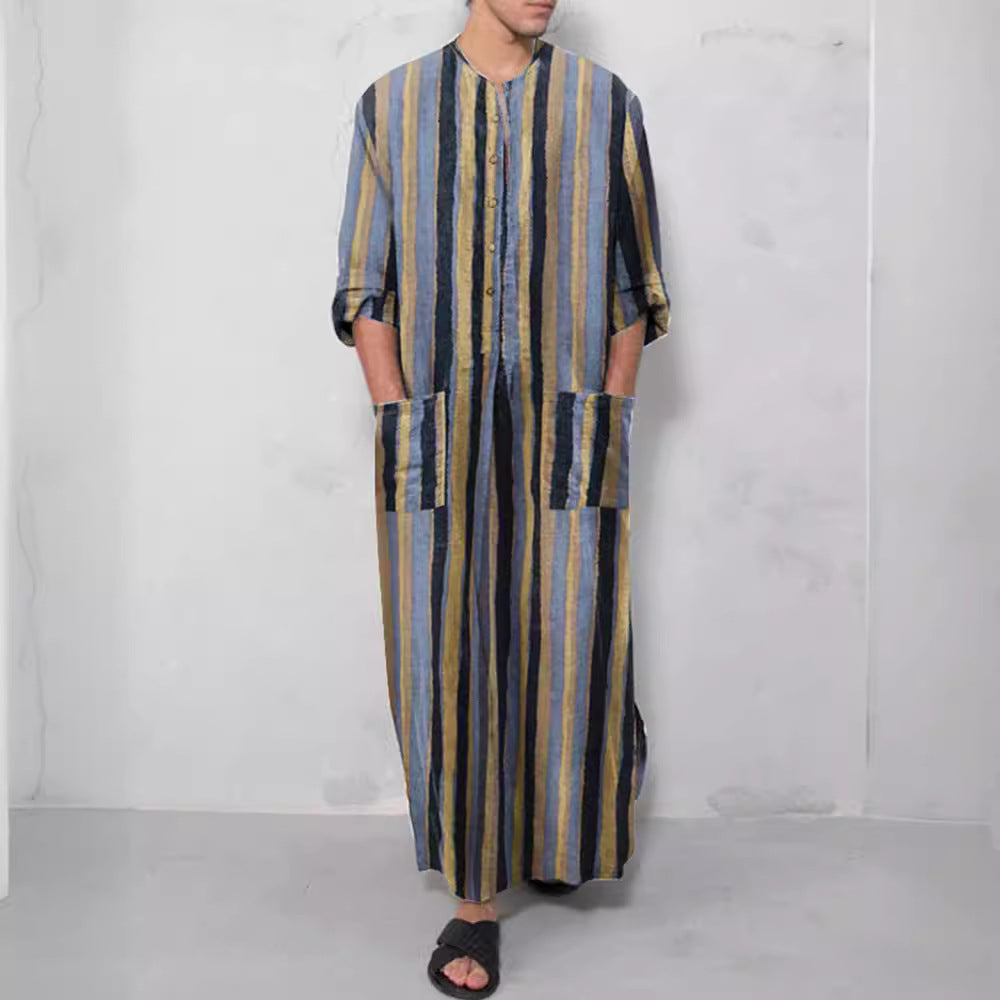 Herren nan lockerer Kaftan aus Leinenmischung mit Knopfleiste und aufgesetzten Taschen Drune