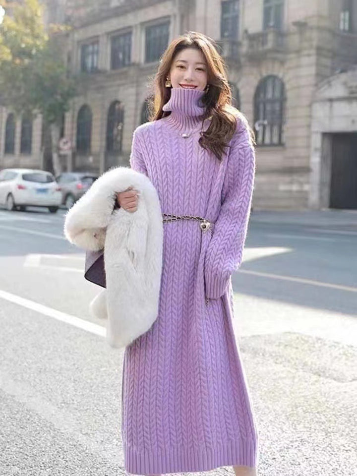 Damen Langes Strickkleid mit Zopfmuster und hohem Kragen Drune