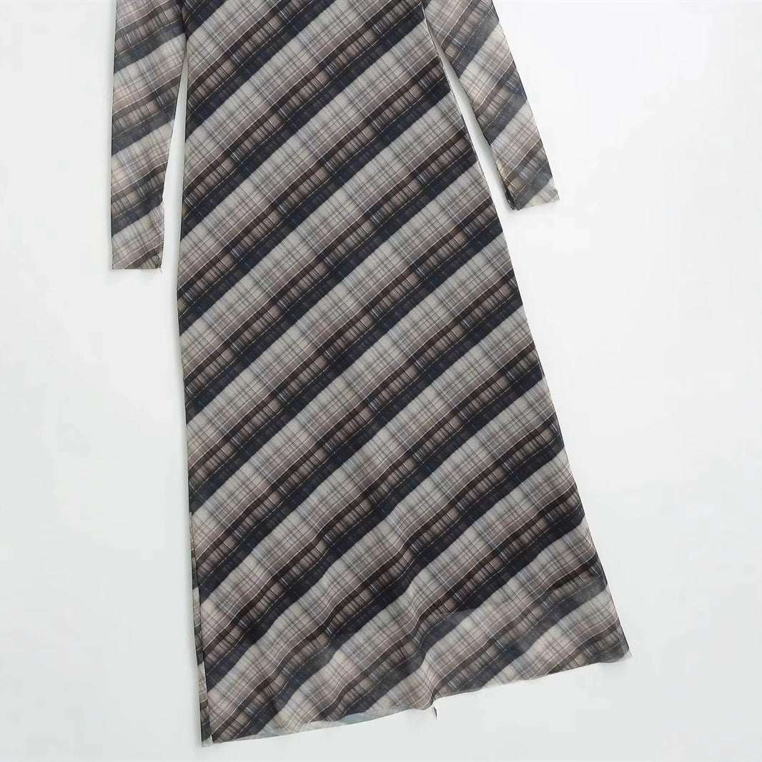 Damen nan langes Maxikleid mit diagonalem Karomuster, Rundhalsausschnitt und langem Ärmel Drune