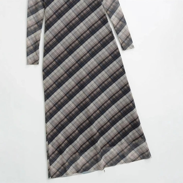 Damen nan langes Maxikleid mit diagonalem Karomuster, Rundhalsausschnitt und langem Ärmel Drune