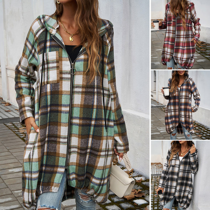 Damen Karierte Longjacke mit Kapuze und Taschen Drune