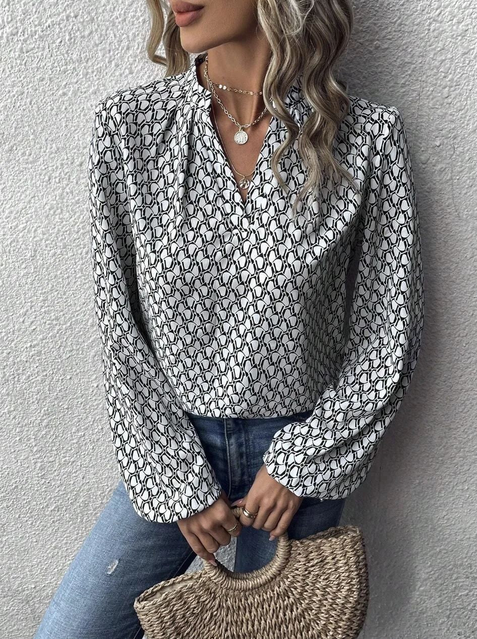 Damen Gemusterte Viskose-Bluse mit Stehkragen und Ballonärmeln Drune