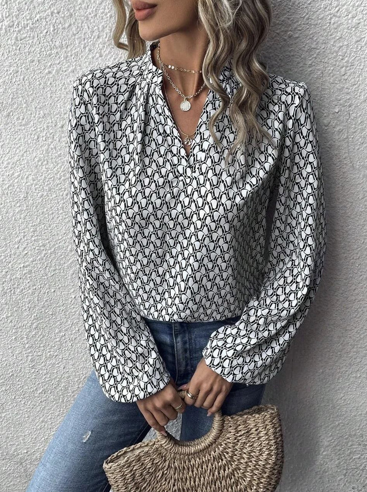 Damen Gemusterte Viskose-Bluse mit Stehkragen und Ballonärmeln Drune