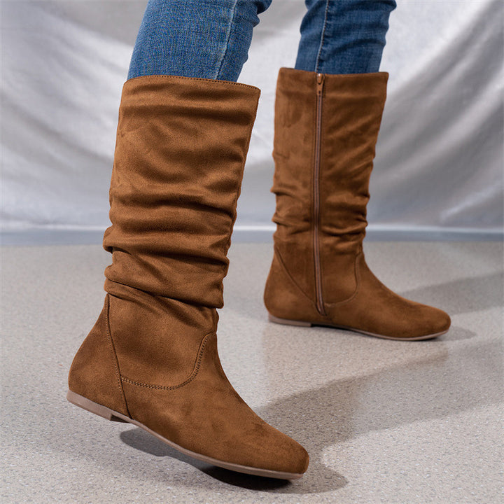 Damen Slouch-Stiefel mit flachem Absatz, seitlichem Reißverschluss und weichem Velours Drune