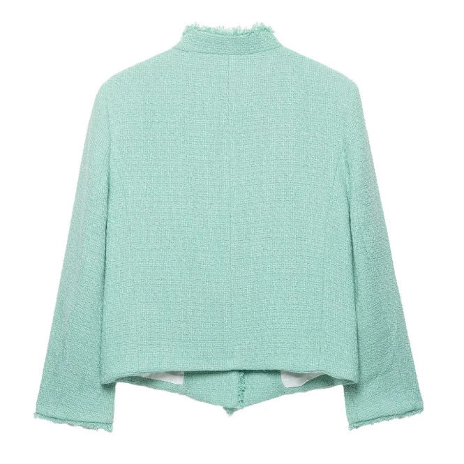 Damen Cropped Bouclé‑Jacke mit asymmetrischer Knopfleiste und Fransensaum Drune