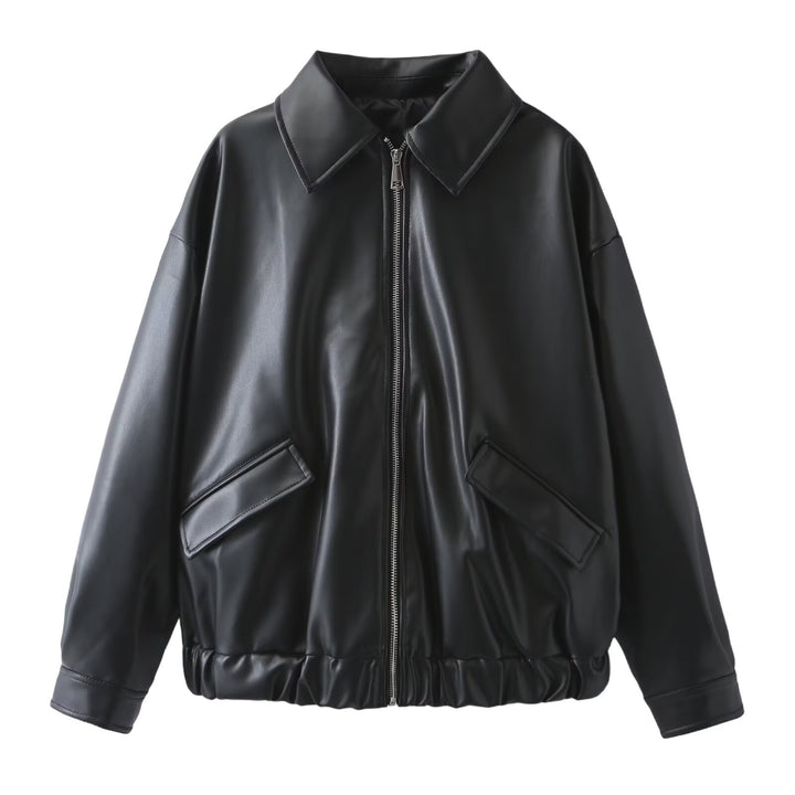 Damen nan Boxy Kunstleder Blousonjacke mit durchgehendem Reißverschluss, Pattentaschen und breitem Hemdkragen Drune