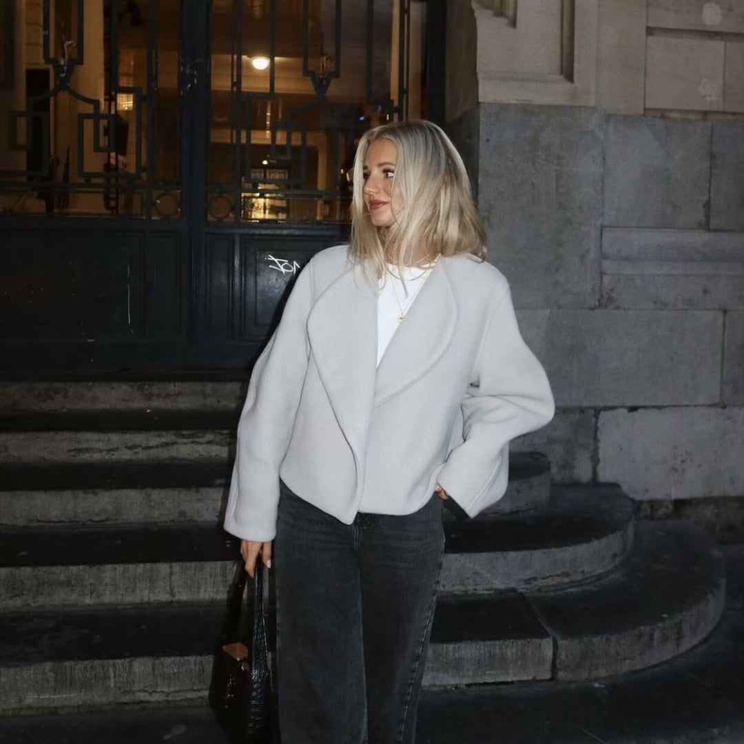 Damen nan kurzer Wasserfall-Blazer mit übergroßem Schalkragen und schmeichelnder Cropped-Silhouette Drune