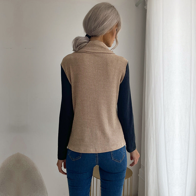 Damen Asymmetrisches Rippenstrick-Layering-Top mit Rollkragen und Zierknopfleiste Drune