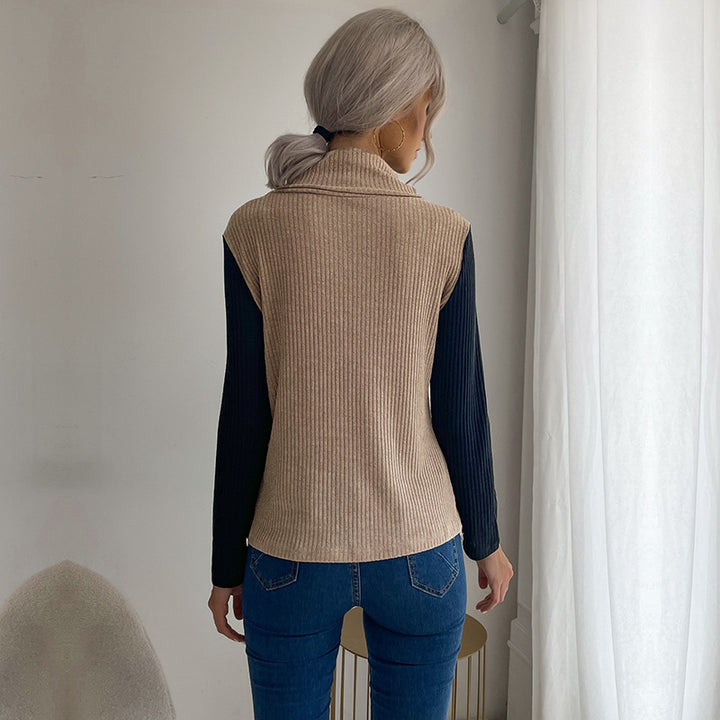 Damen Asymmetrisches Rippenstrick-Layering-Top mit Rollkragen und Zierknopfleiste Drune
