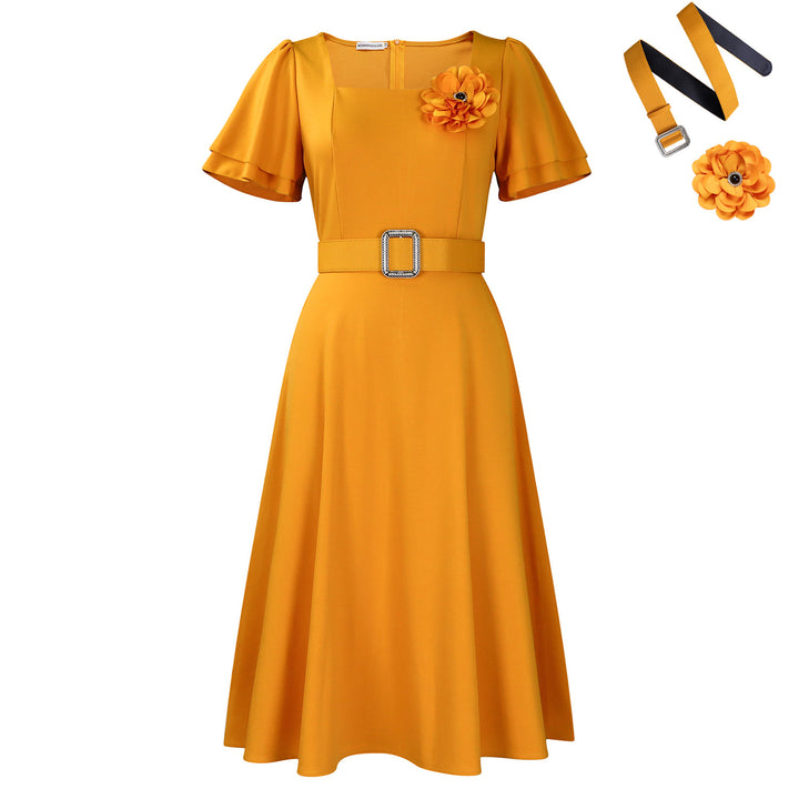 Damen Midi Kleid mit gerafftem Ausschnitt und breitem Gürtel Drune