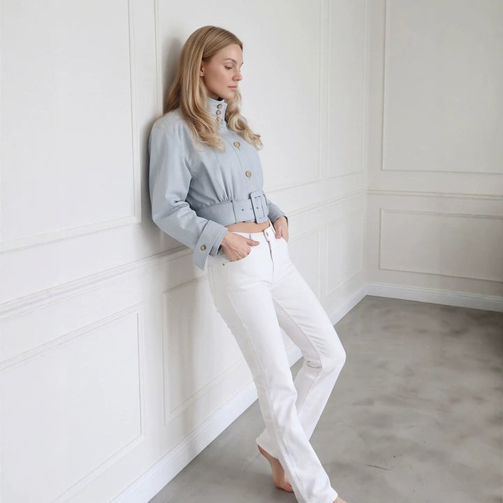 Damen Taillierte Cropped-Jacke mit überlanger Schluppe & breitem Taillengürtel Drune