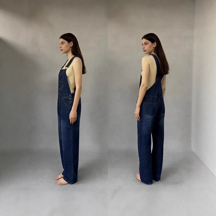 Damen Jeans Latzhose mit weitem Bein und tiefem Rückenausschnitt