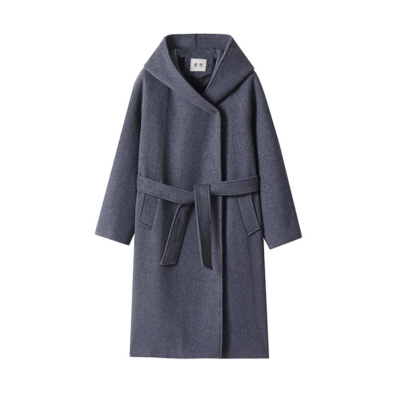 Damen Maxi-Mantel mit überzogener Kapuze, Bindegürtel und minimalistischer Wollmix‑Silhouette Drune