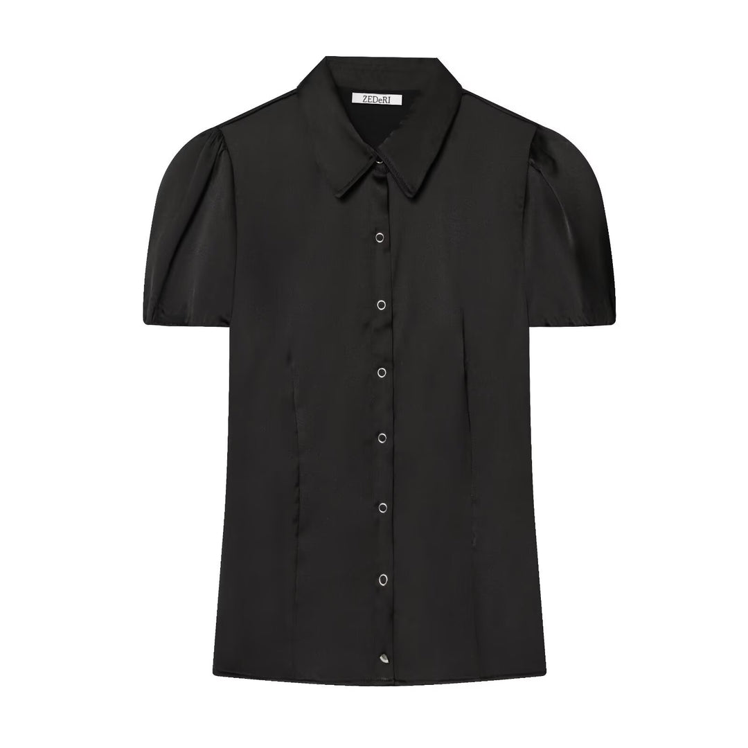 Damenbluse mit kurzen Puffärmeln und eleganter Knopfleiste Drune