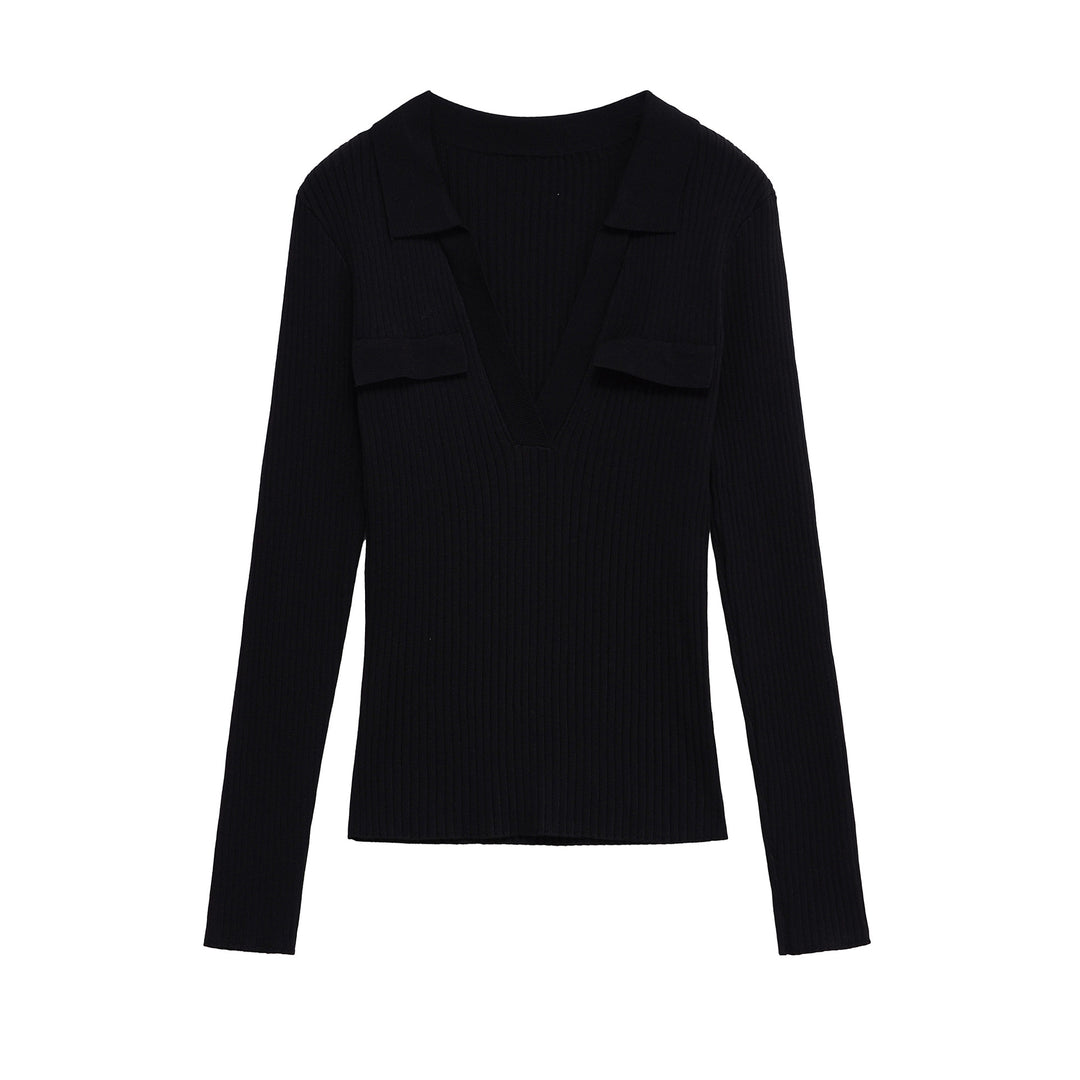 Damen Langarmshirt mit V-Ausschnitt und dekorativen Taschen Drune