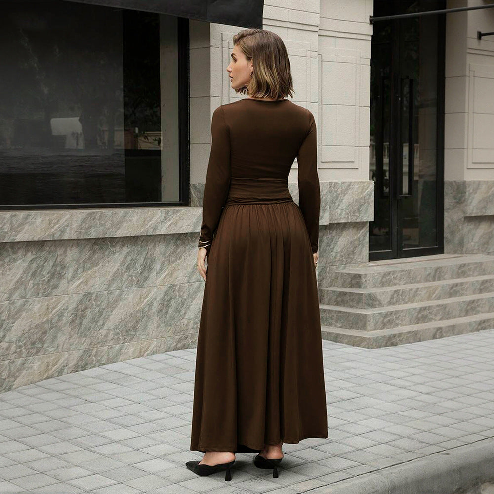 Damen asymmetrisches Maxikleid mit langem Ärmel und geraffter Taillenpartie Drune