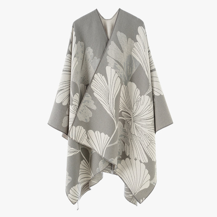 Damen Jacquard‑Capeponcho mit großflächigem Blatt‑Jacquard und offenem Wickelschnitt Drune