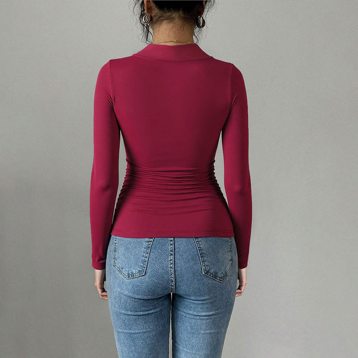 Damen figurbetontes Langarm-Top mit Herz-Ausschnitt, Zierring und Raffung Drune