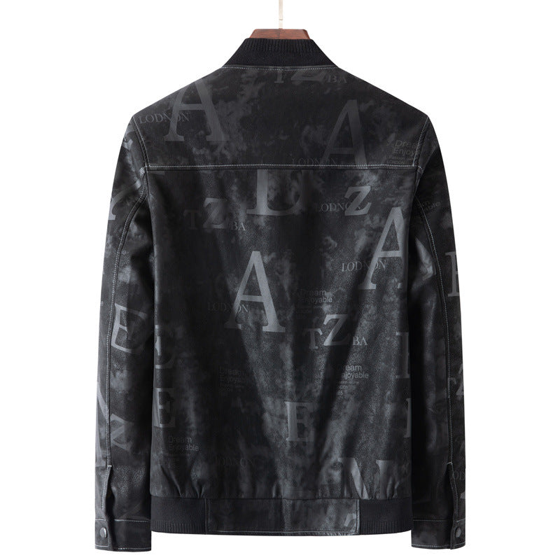 Herren Lederimitat-Blouson mit Allover-Print, Reißverschluss und Rippbündchen Drune
