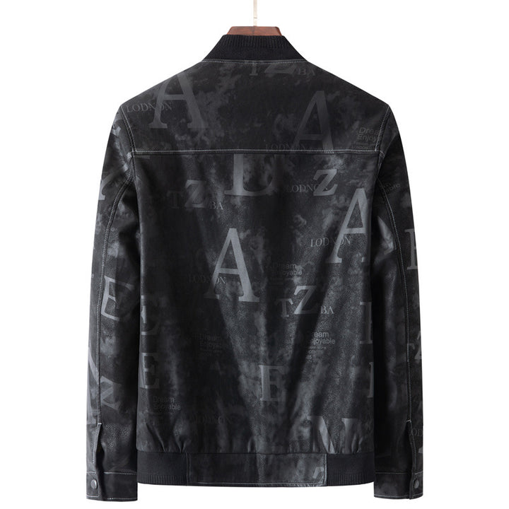 Herren Lederimitat-Blouson mit Allover-Print, Reißverschluss und Rippbündchen Drune