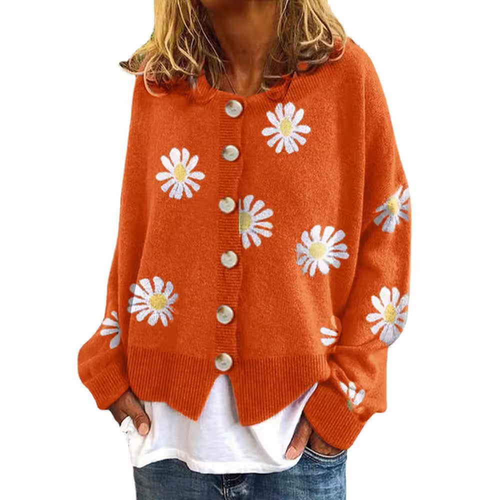 Damen Oversize Strickcardigan mit Knopfleiste und Gänseblümchen-Print Drune