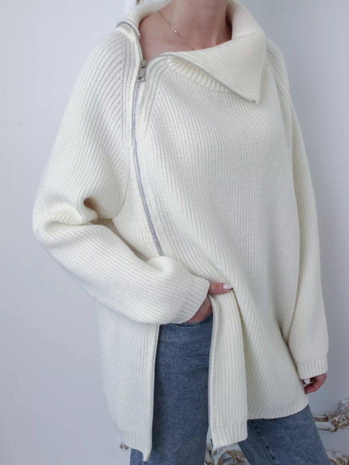 Damen Oversized Pullover mit asymmetrischem Reißverschluss und hochgeschlossenem Kragen Drune