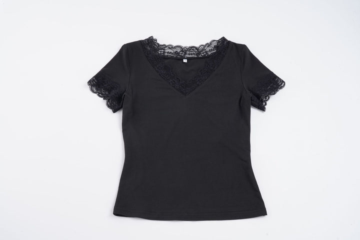 Damen T-Shirt mit Spitzenbesatz und V-Ausschnitt Drune