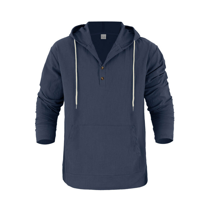 Herren nan Leinenoptik Henley-Kapuzenpullover mit Knopfleiste und Kängurutasche Drune