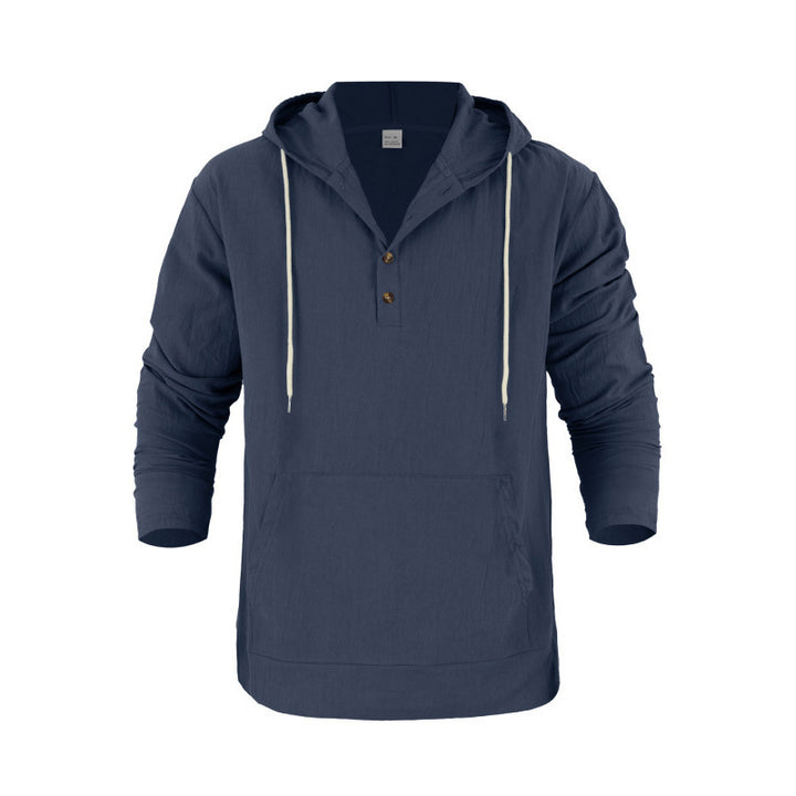 Herren nan Leinenoptik Henley-Kapuzenpullover mit Knopfleiste und Kängurutasche Drune