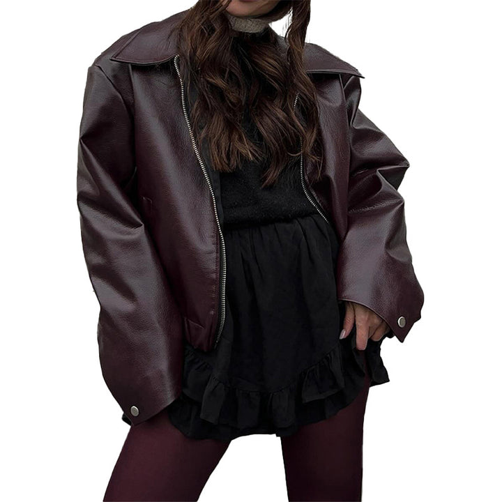 Damen modische Kunstlederjacke mit weitem Schnitt Drune