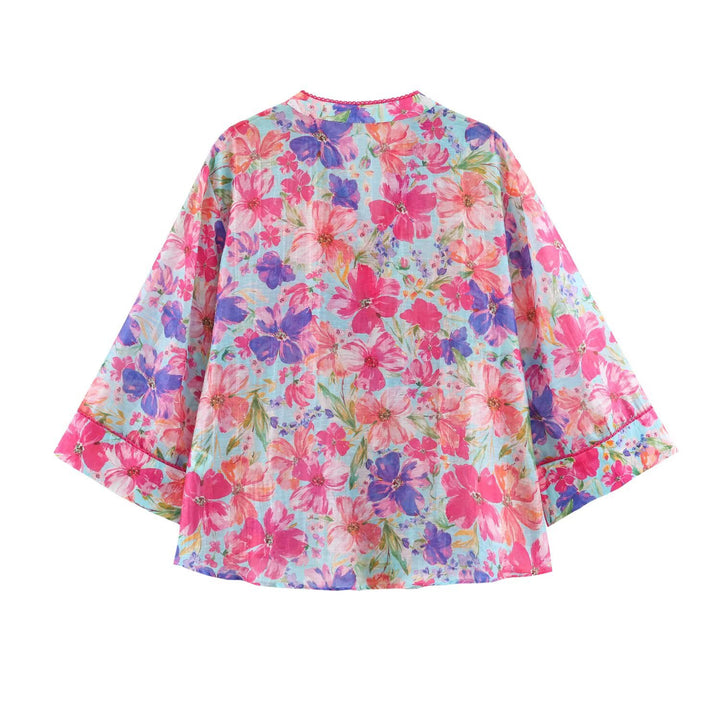 Damen Leichte Blumenbluse mit Stehkragen und dreiviertel Glockenärmeln Drune