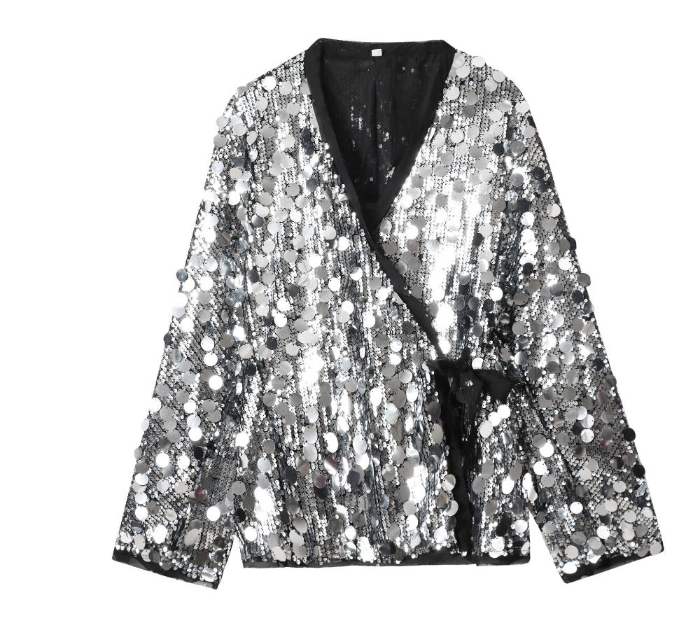 Damen 1900+ Wickel‑Blousonjacke mit großen Pailletten und Satinband Drune