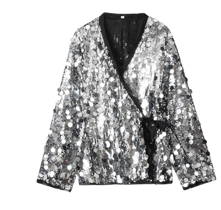 Damen 1900+ Wickel‑Blousonjacke mit großen Pailletten und Satinband Drune