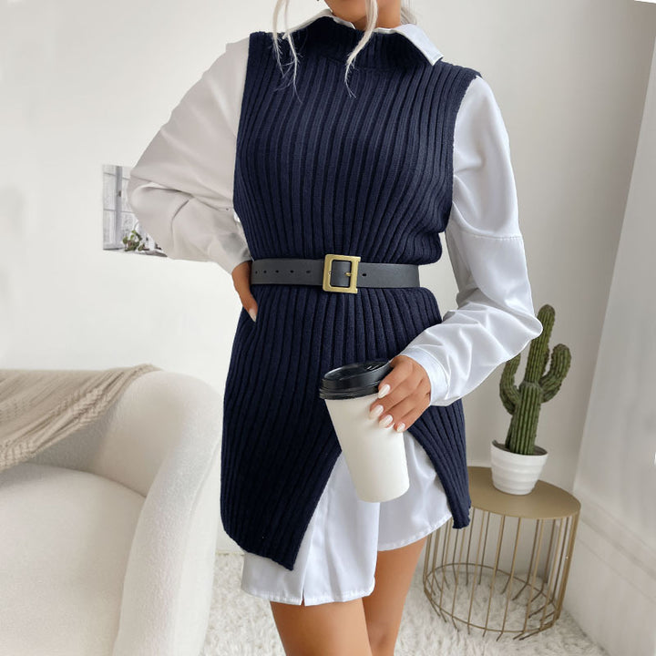 Damen Gerippte Strick‑Tunika mit Stehkragen, seitlichen Schlitzen und figurbetonter Silhouette Drune
