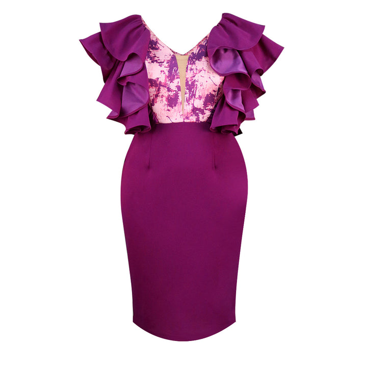 Damen figurbetontes Kleid mit voluminösen Rüschen und floralem Detail Drune