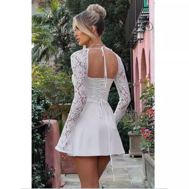 Damen Elegantes Spitzenkleid mit tiefem Ausschnitt und langen Ärmeln Drune