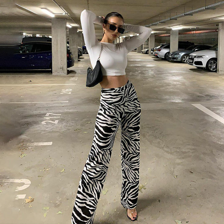 Damen Elegante Zebra-Print High-Waist Hose Drune