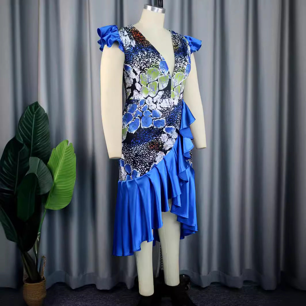 Damen Elegantes Rüschenkleid mit tiefem V-Ausschnitt und gefüllten Ärmeln Drune