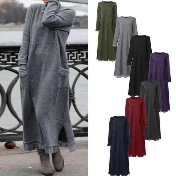 Damen nan langes Strickmaxikleid mit Seitenschlitzen und aufgesetzten Taschen Drune