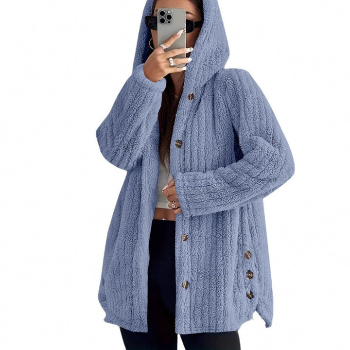 Damen Kapuzen-Teddy-Mantel mit Knopfleiste und Oversize-Schnitt Drune