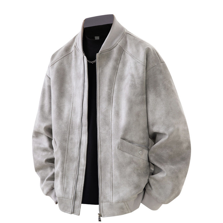 Herren Velours-Optik Bomberjacke im Boxy‑Cut mit Rippkragen, Frontreißverschluss & kombiniertem Zipper-/Klappenfach Drune