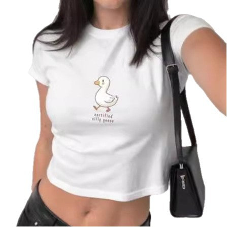 Damen figurbetontes Kurzarm-T-Shirt mit verspieltem Aufdruck Drune