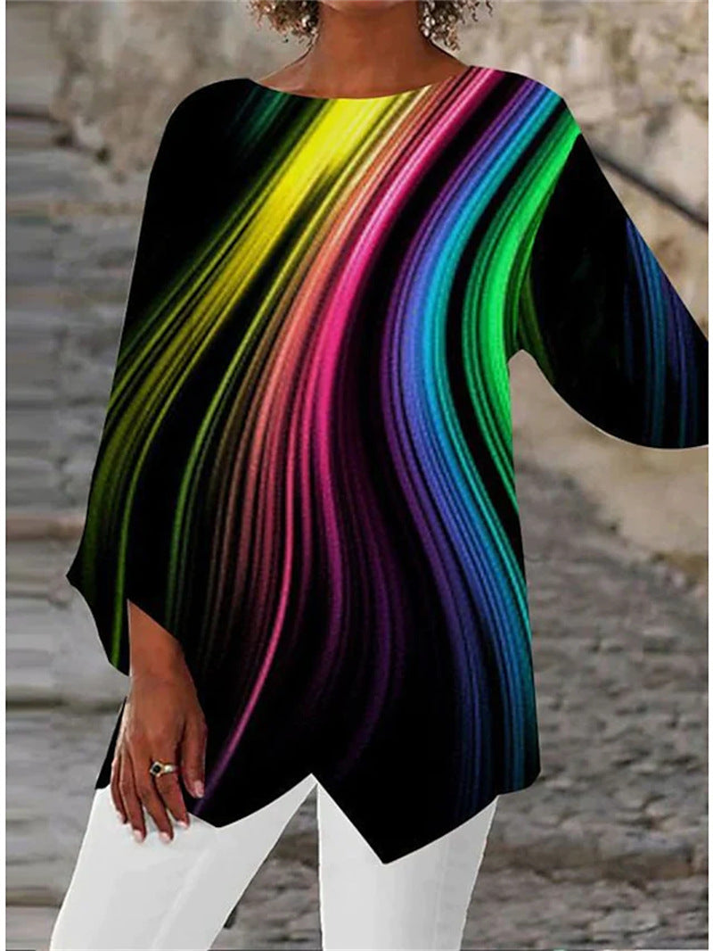 Damen asymmetrisches A-Linien-Tunika mit ornamentalem Druck und spitzem Saum Drune