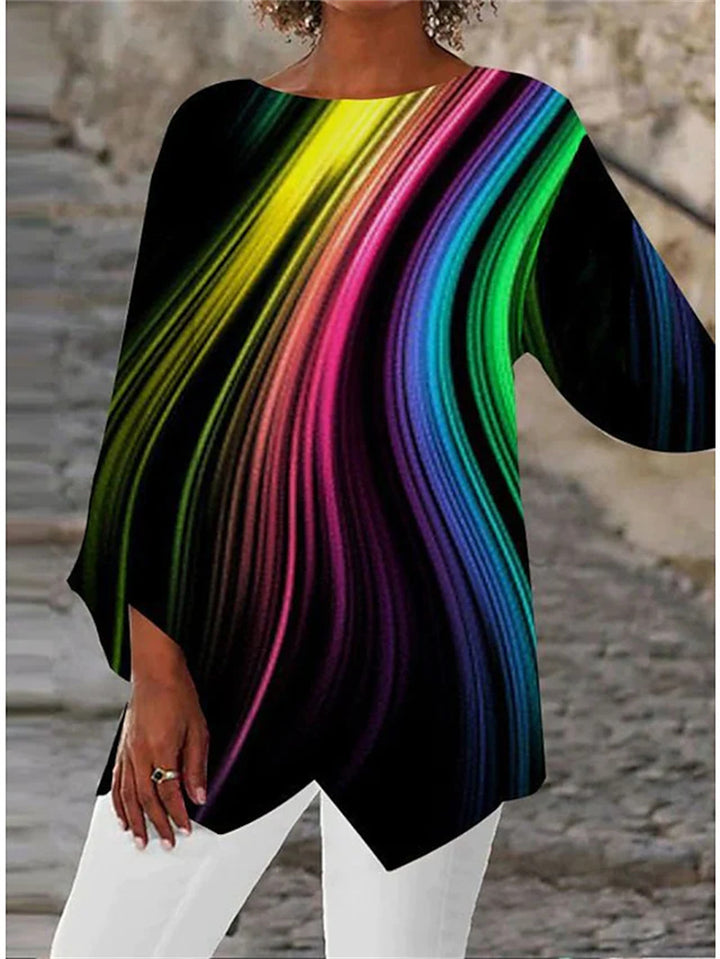 Damen asymmetrisches A-Linien-Tunika mit ornamentalem Druck und spitzem Saum Drune