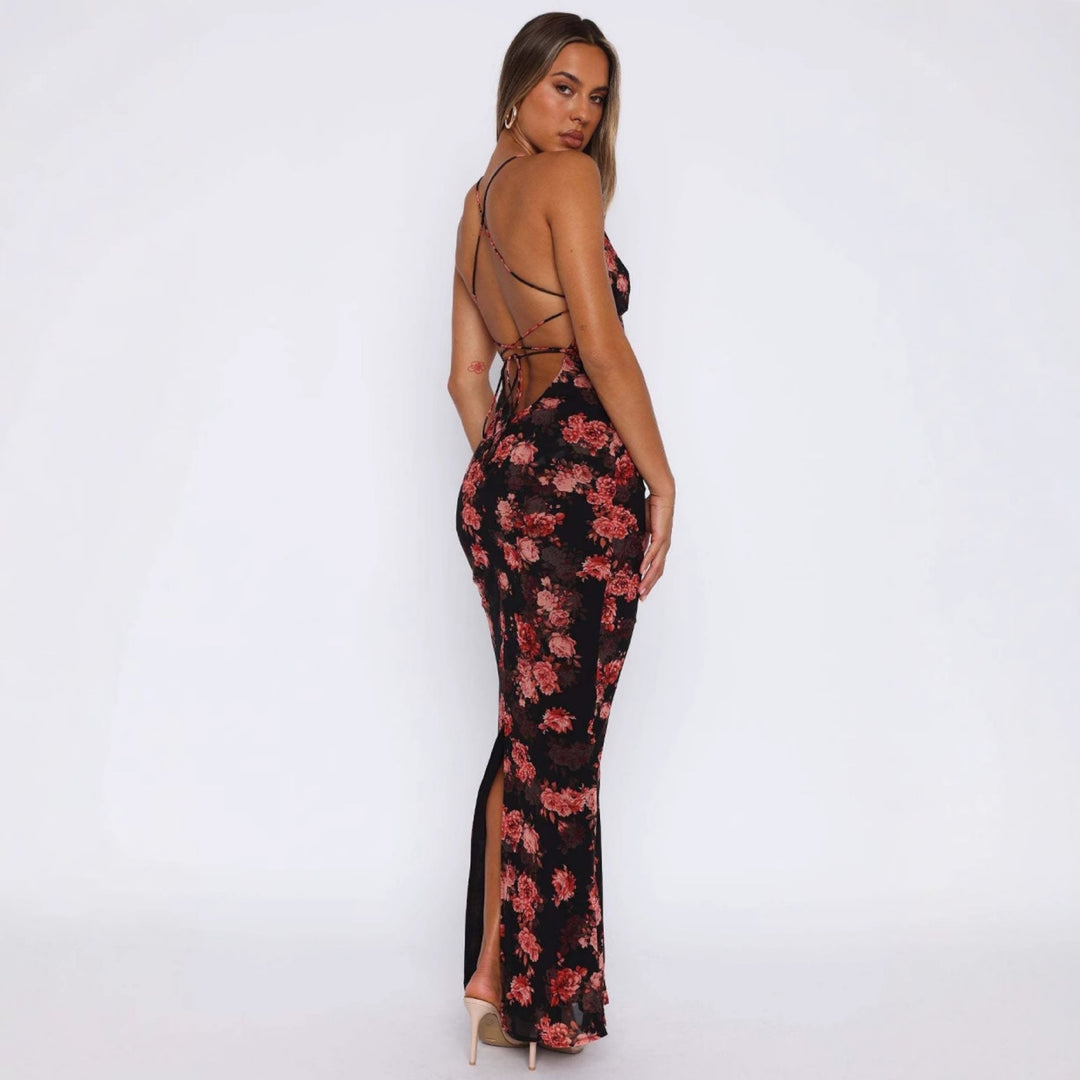 Damen Elegantes Maxikleid mit tiefem V-Ausschnitt und Spaghettiträgern Drune
