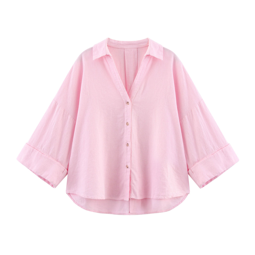 Damen nan oversized Streifen-Hemdbluse mit überschnittener Schulter, 3/4-Ärmel und verlängertem Rückensaum Drune
